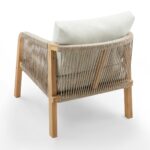 A modern armchair with woven rope and wooden frame